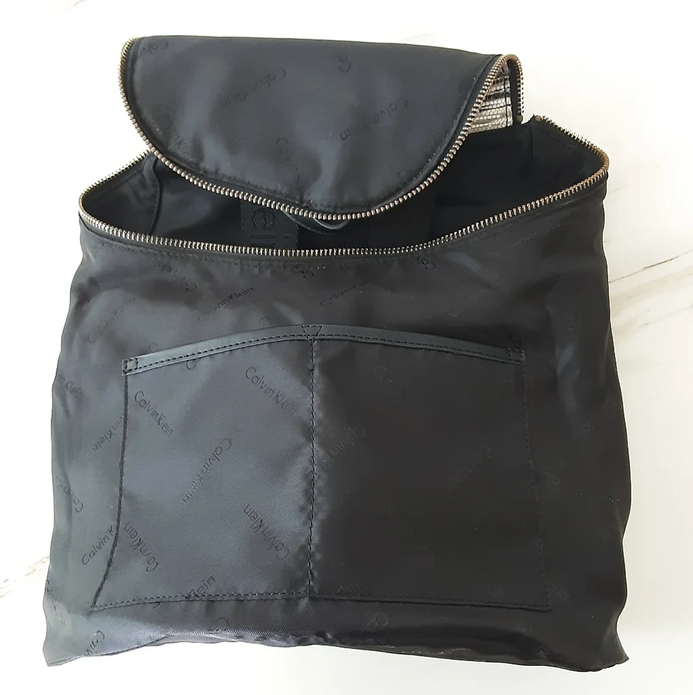 CALVIN KLEIN Gold-Silver Flap Accent Nylon Faux Leather Handbag Backpack